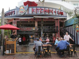 Exterior patio at Guy Fieri's Playa Del Carmen Kitchen and Bar in Centro, Playa Del Carmen, Mexico as seen on Food Network's Diners, Drive-Ins and Dives episode 2606.